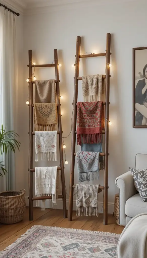 Small bohemian living room with decorative ladders (2)