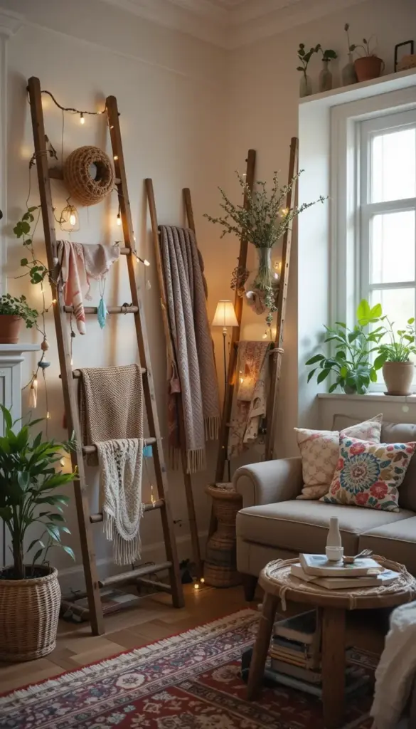 Small bohemian living room with decorative ladders