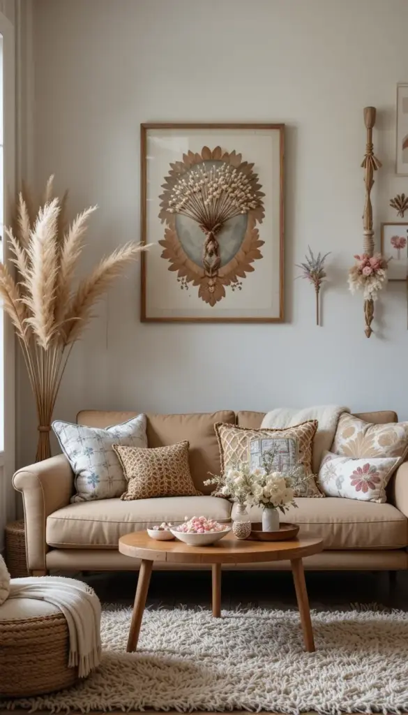 Small bohemian living room with dried flowers or pampas grass