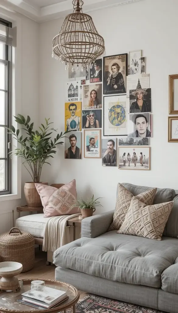 Small bohemian living room with mood board corner