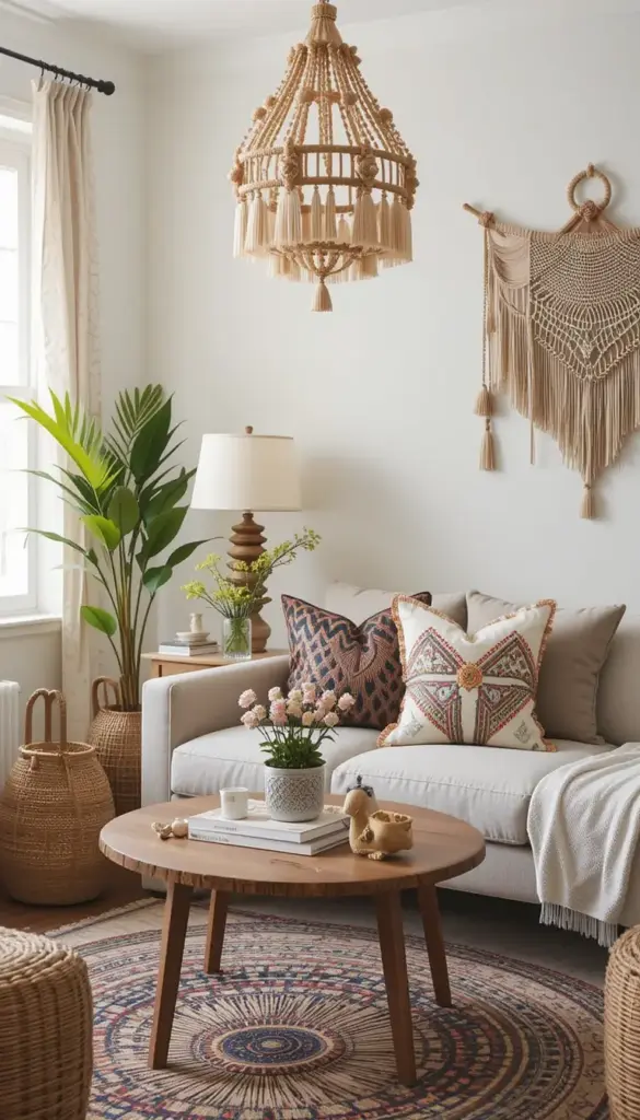 Small bohemian living room with tassels & fringe