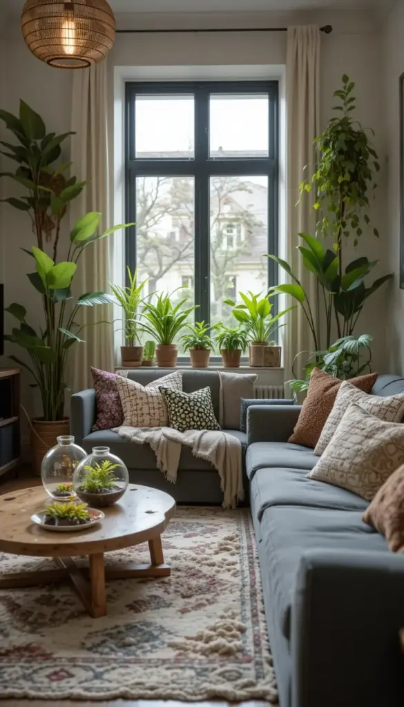 Small bohemian living room with terrariums or mini indoor gardens