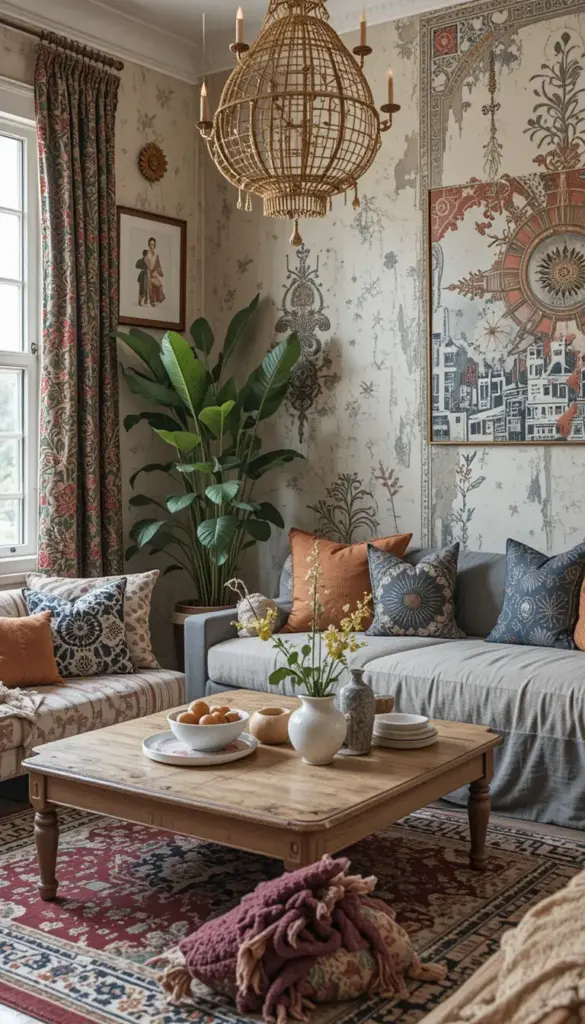 Small bohemian living room with textured wallpaper or paint