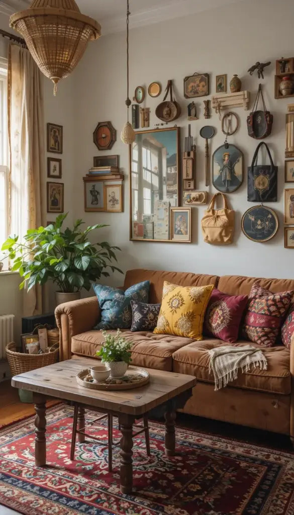 Small bohemian living room with travel souvenirs
