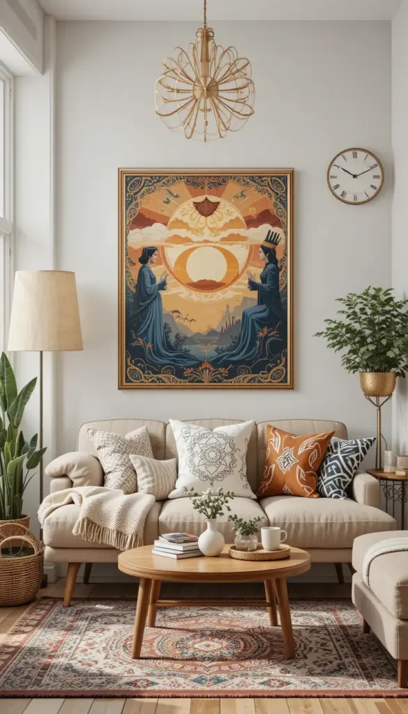 Small boho living room with printable art